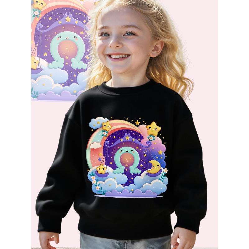 European sizes Kids Whimsical Skyland: A Dreamy Cartoon Illustration Print Long Sleeve Crewneck Sweatshirt - Soft Casual Pullover Top