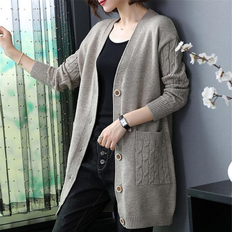 Весенне-осенний вязаный кардиган с v-образным вырезом, женский корейский свитер средней длины, элегантные пальто больших размеров 4xl, повседневная свободная трикотажная одежда, верхняя одежда