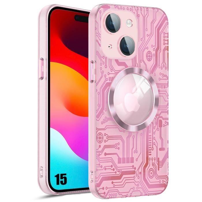 Coque pour iPhone 15 - Translucide - Motif Circuit Rose - Antichoc - Protection Caméra Arrière
