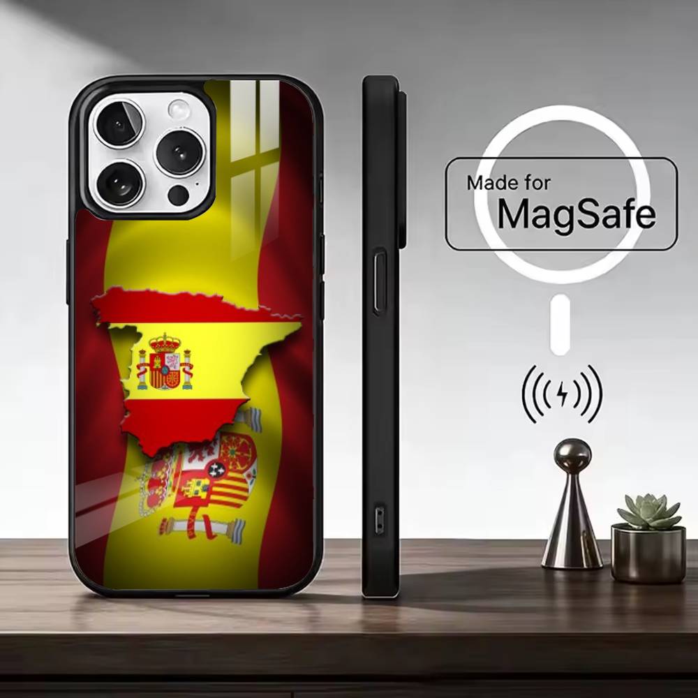 S-Испанский флаг F-Футбольный фанат Поддержка Чехол для телефона Для iPhone17,16,15,14,13,12,11 Plus,Pro Max, Новая магнитная беспроводная зарядка