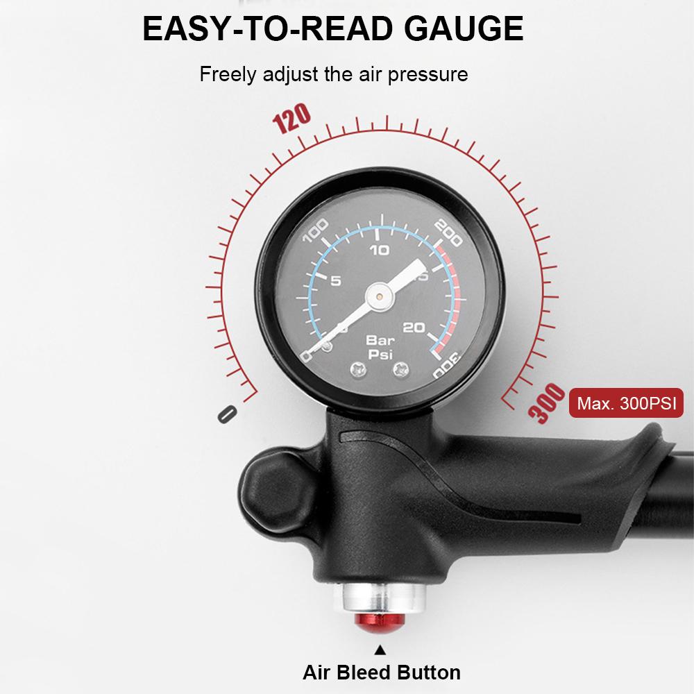 Bike Shock Pump with Pressure Gauge 300PSI High Pressure Bike Tire Inflator Air Pump for Bicycle
