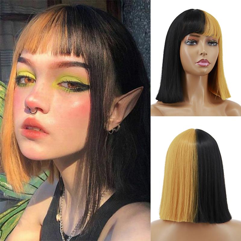 MISS WIG Женский короткий полужелтый черный прямой парик Боб с челкой, парик из синтетического волокна для женщин, повседневная одежда для косплея