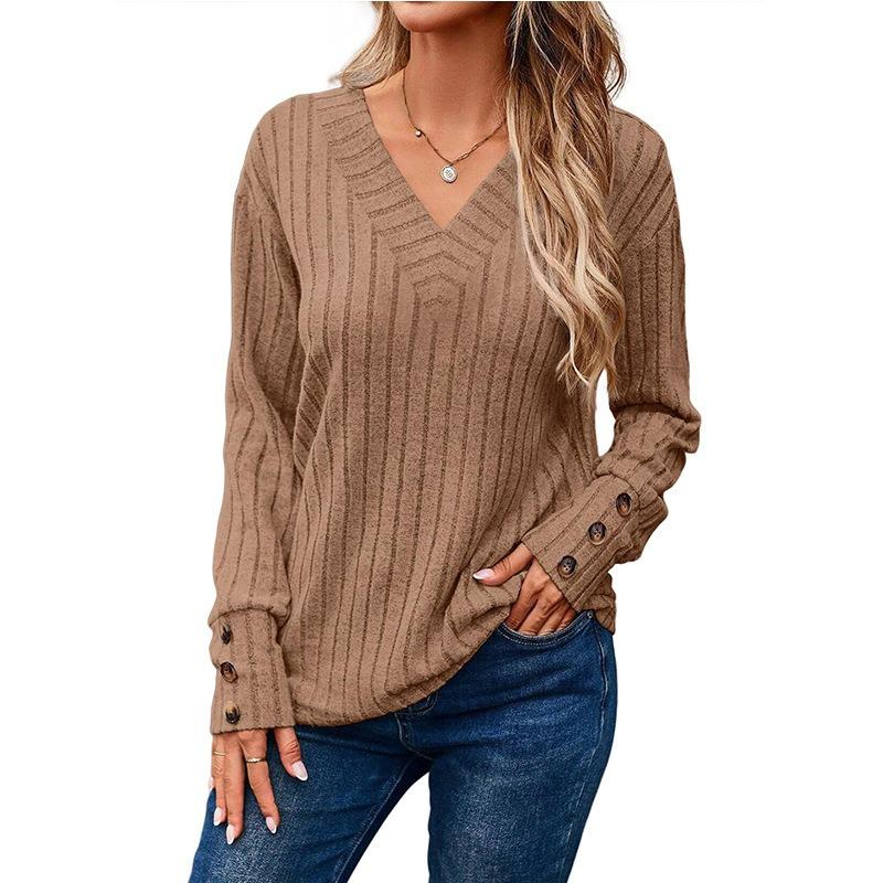 Autumn Winter Women's Long Sleeve V-neck Shirt Solid Color Button T-shirt