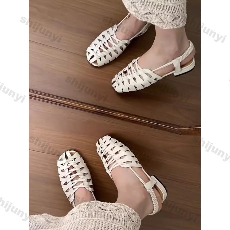 Women's Sandals 2025 New Weave Baotou Lightweight Comfortable Casual Shoes Hollow Breathable Fashion Luxury Square Toe Sandals