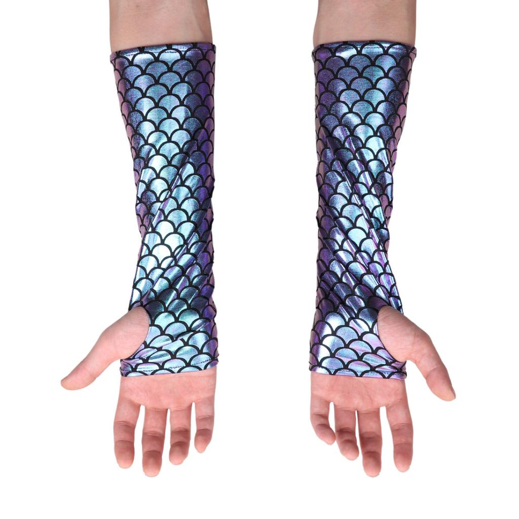 Mermaid Costume Fish Scale Pattern Printed Fingerless Long Gloves Arm Sleeves Adult Halloween Dance Club Party Cosplay Accessory