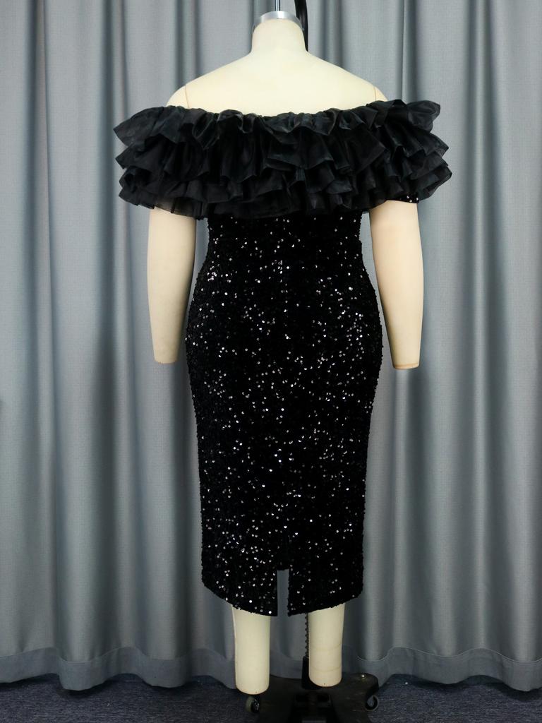 AOMEI Classy Off Shoulder Black Sequin Dresses for Women Backless Ruffles Trim Velvet Glitter Vestidos Bodycon Party Club Wedding Guest Gowns
