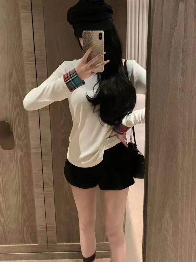 Осенняя женская корейская мода вышитая клетчатая лоскутная футболка с длинным рукавом топы с круглым вырезом винтажные 2000-е эстетика прилив простые