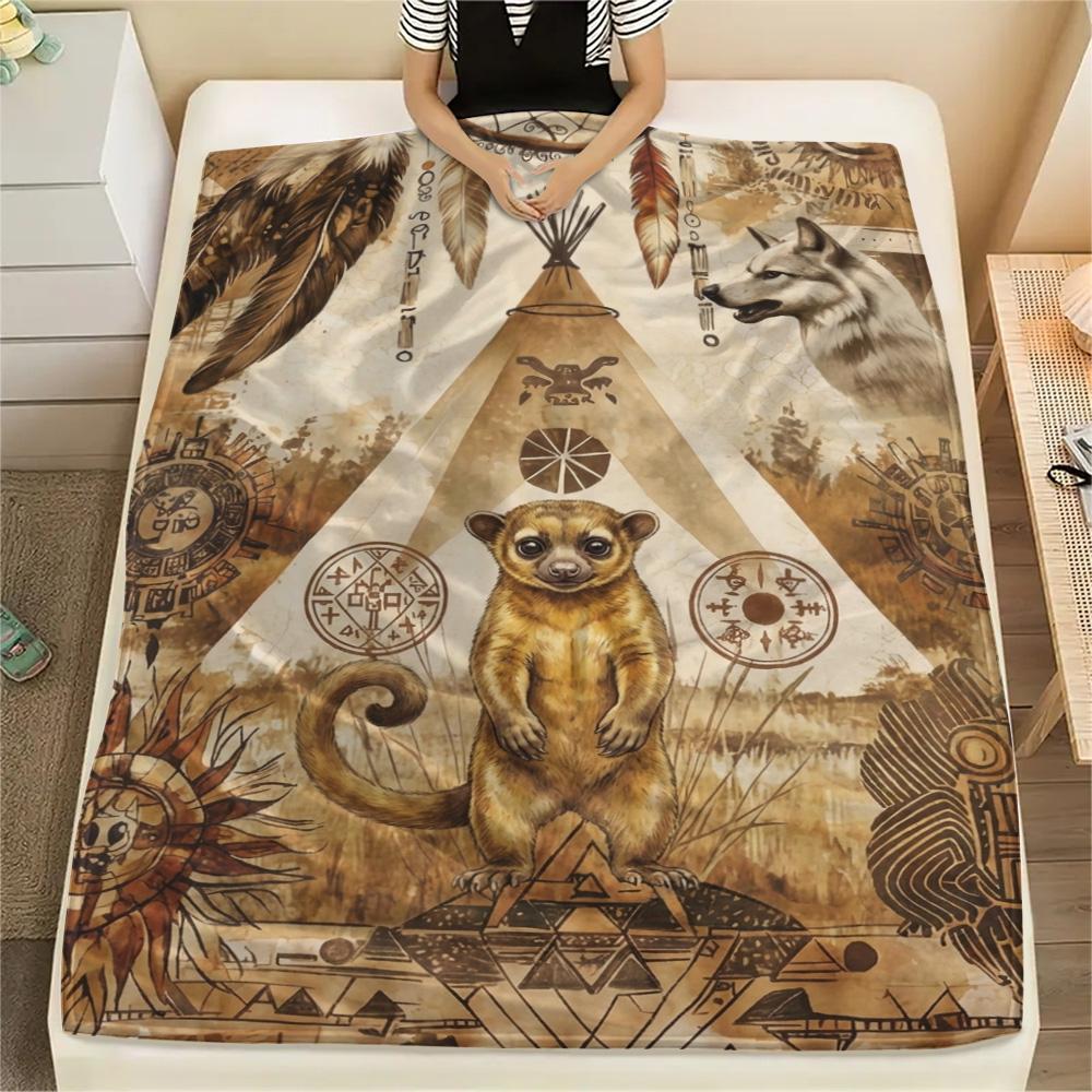 1PC Tribal Totem Print FlAannel Blanket, High quality Comfortable for All Seasons, Home Decor, Warmth and Comfort