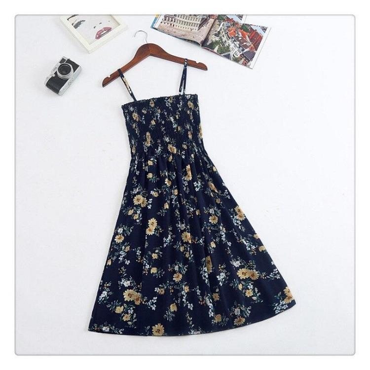 2023 Summer Floral Printed Chiffon Mini Dress Women Casual Fashion Spaghetti Strap Sleeveless Elastic High Waist Dress