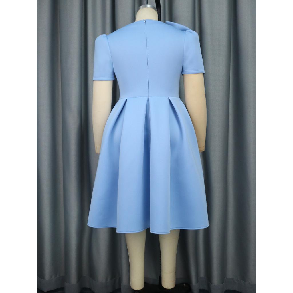 Fashion Women Elegant Short Sleeves Bow Pleat Bride Bridesmaids Wedding Midi Long Dress Party Gowns