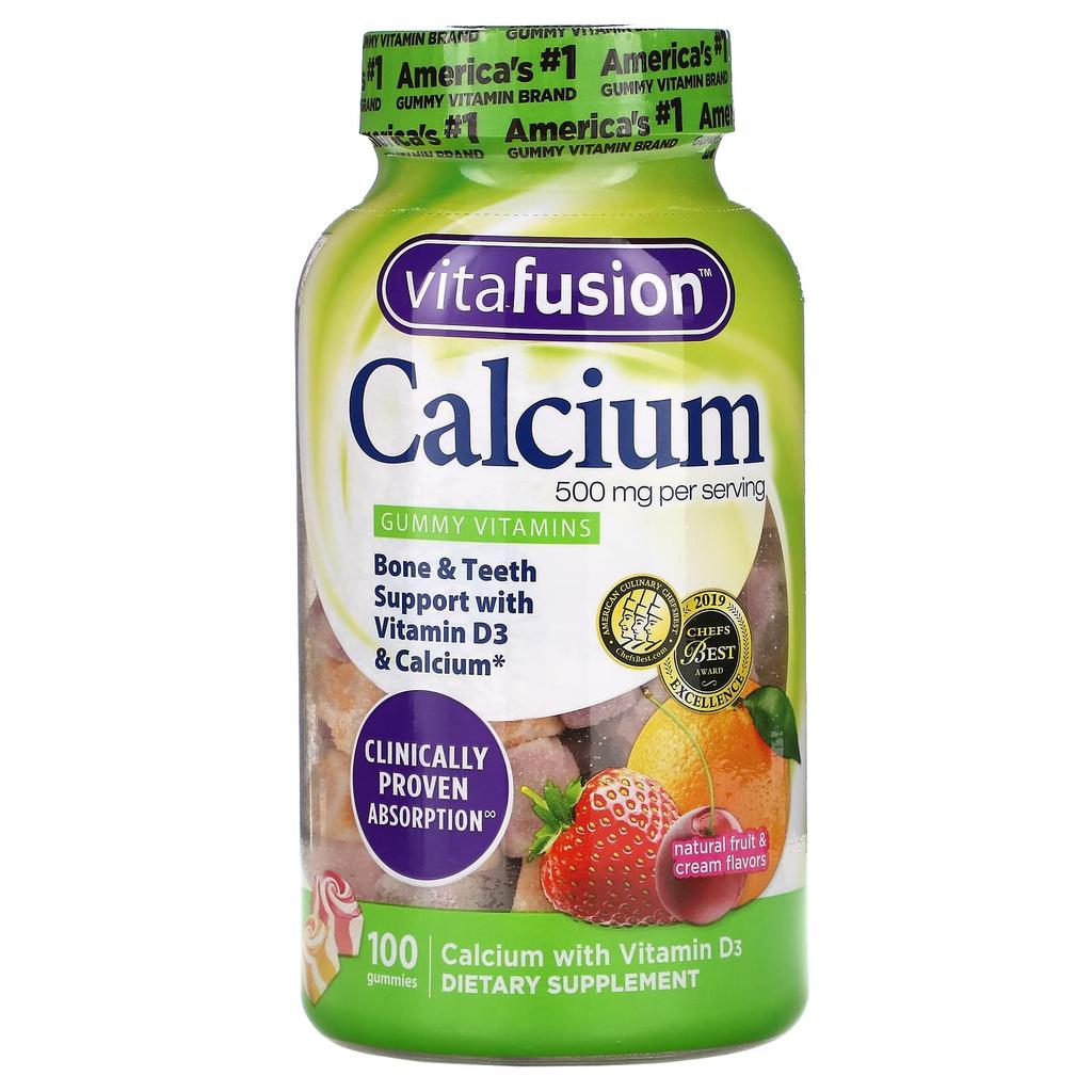 VitaFusion, Кальций, Натуральный фруктово-сливочный вкус, 500 мг, 100 жевательных конфет (250 мг на жевательную резинку)