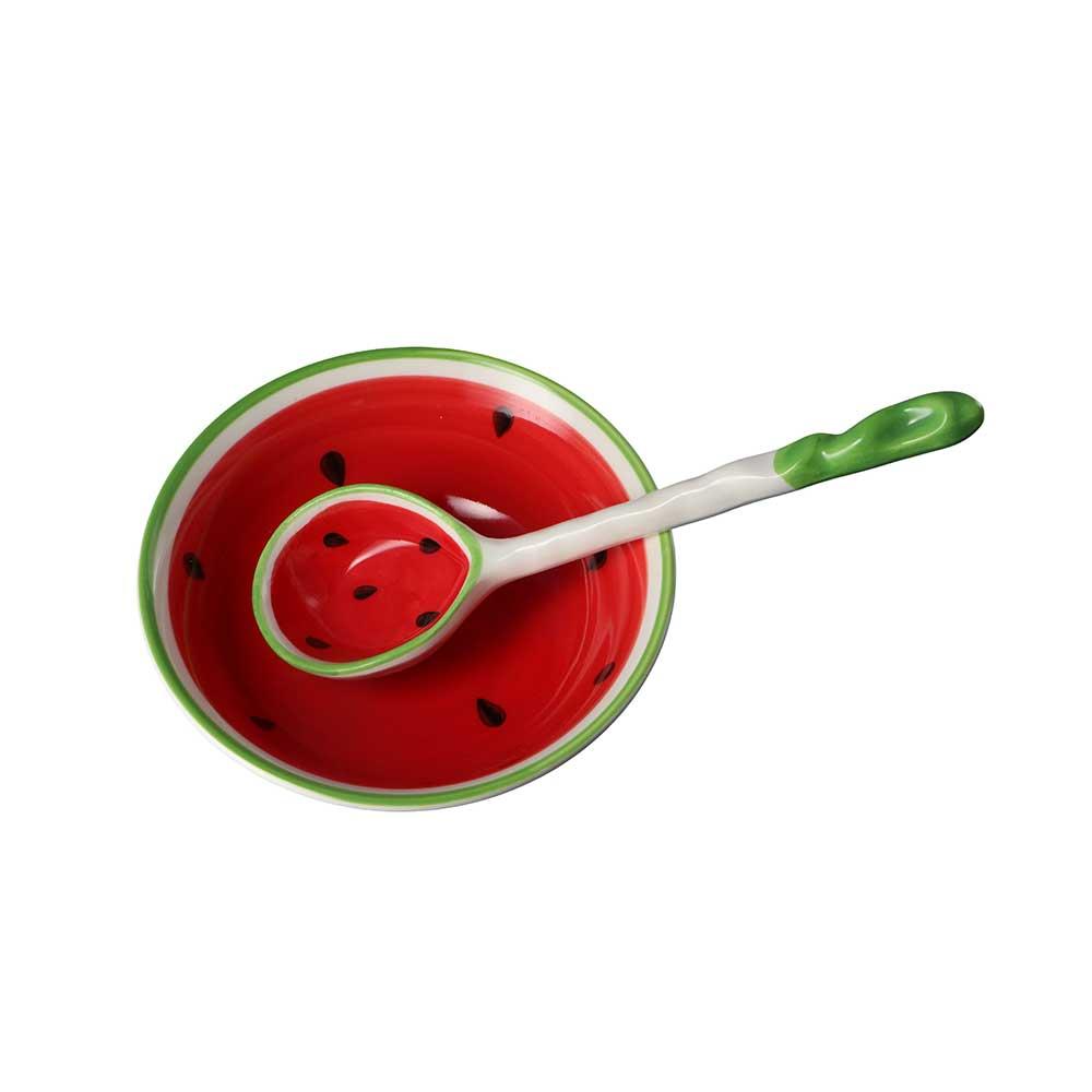 Ceramic Ramen Spoon Watermelon Strawberry Shaped Cereal Bowl Dessert Kitchen