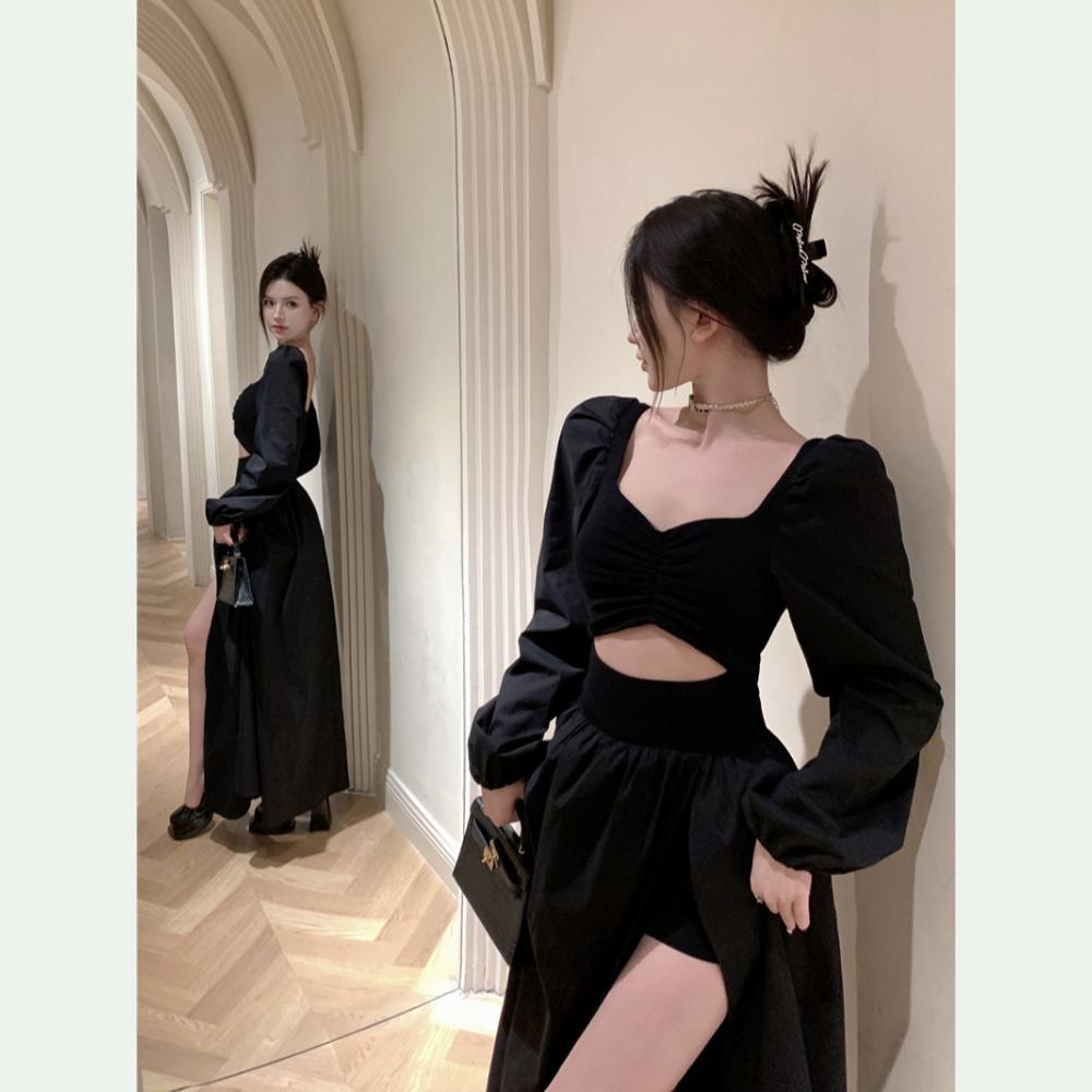 Длинные рукава платья женские платья сексуальные макси шик французская уличная одежда