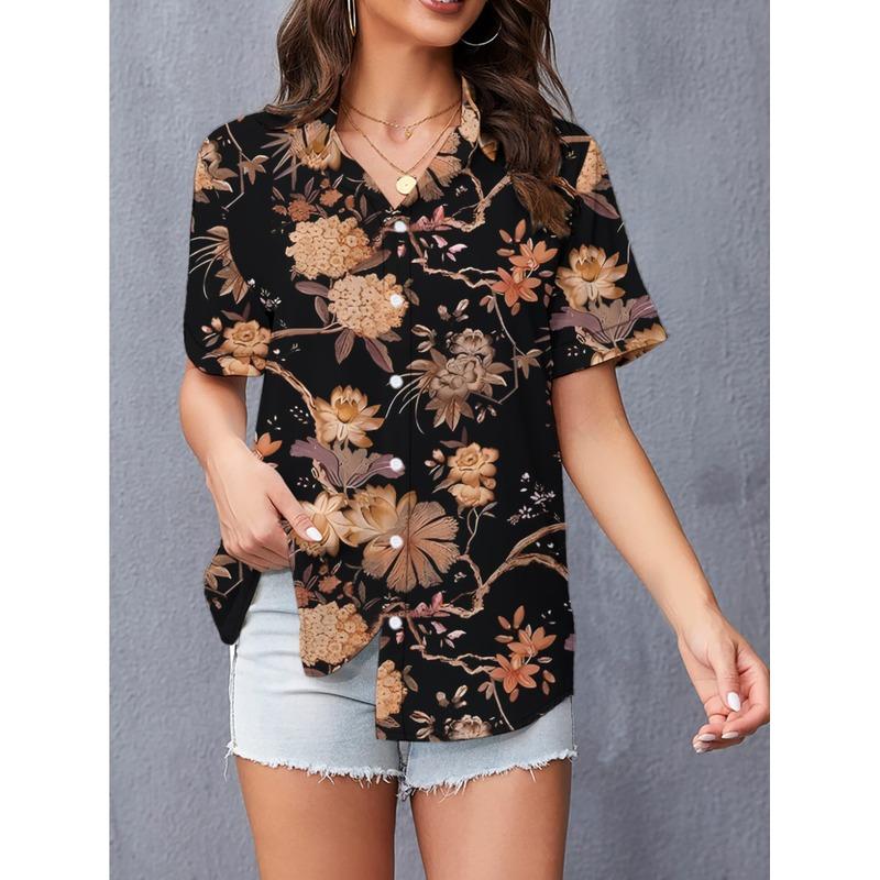 Women's Fashionable and Trendy Casual Versatile Mysterious Floral and Botanical Pattern Print Short-Sleeve Shirt