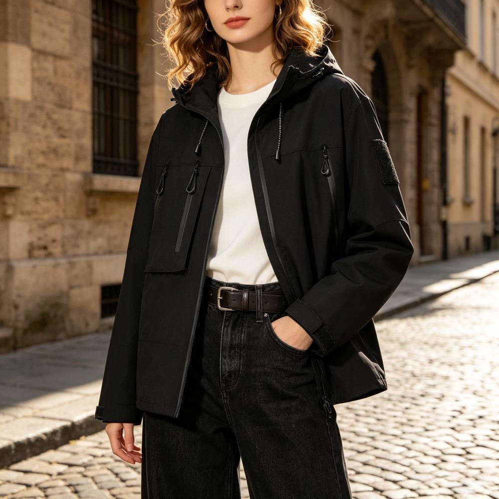 Women's simple and stylish jacket, casual sports coat for women, drawstring multi-pocket zipper design, available in two colors