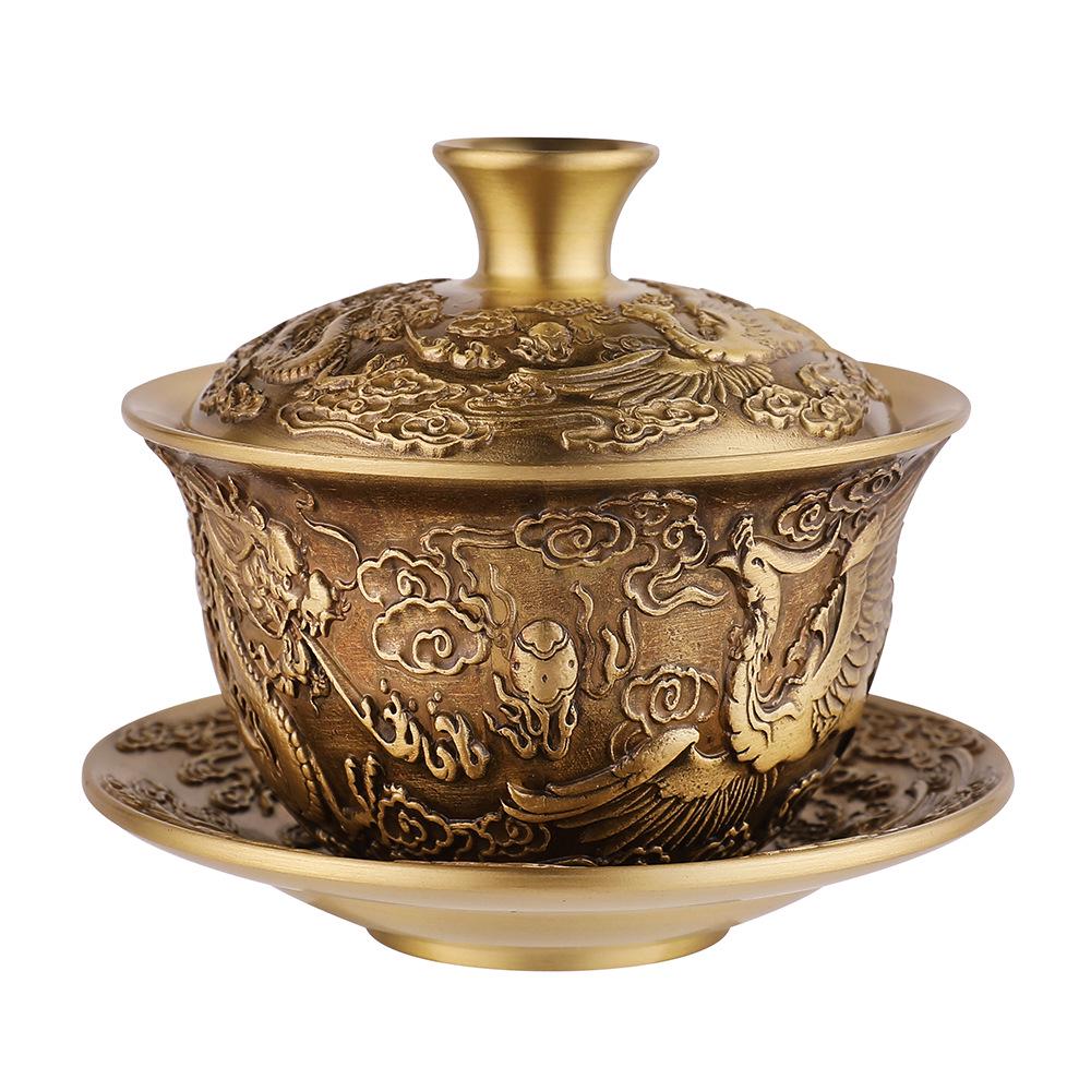 Антикварный набор чайных чашек из латуни: Мотив Дракона и Феникса с бронзовыми украшениями, коллекция из 3 предметов