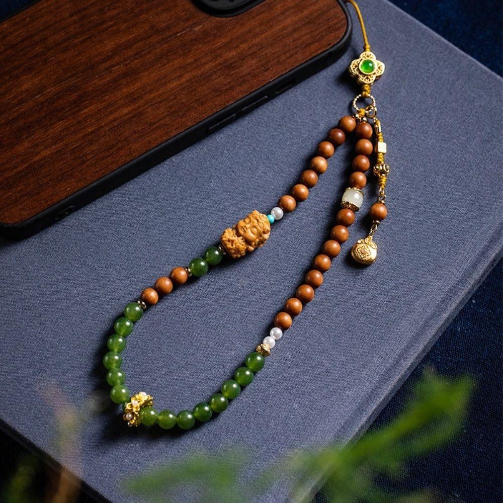 Short Mobile Phone Chain Chinese Style Antique Green Wrist Rope Pendant Beads Phone Lanyard Women