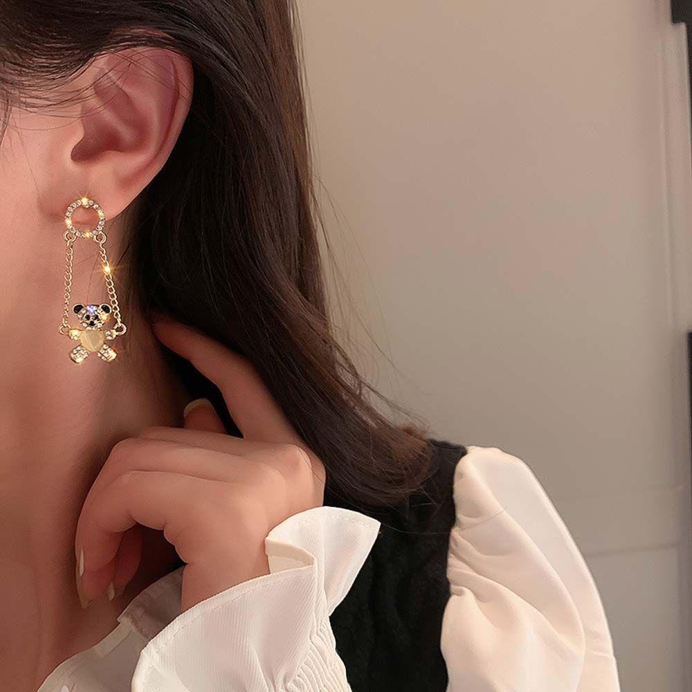 Silver Needle Rhinestone  Round Korean Style Bear Dangle Earrings Women Earrings Ear Studs