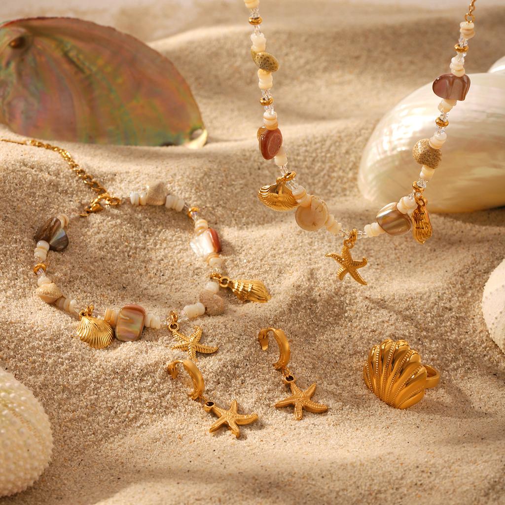 Beach Ocean Titanium Steel Jewelry Set Conch Shell Necklace Bracelet Starfish Earrings Accessories