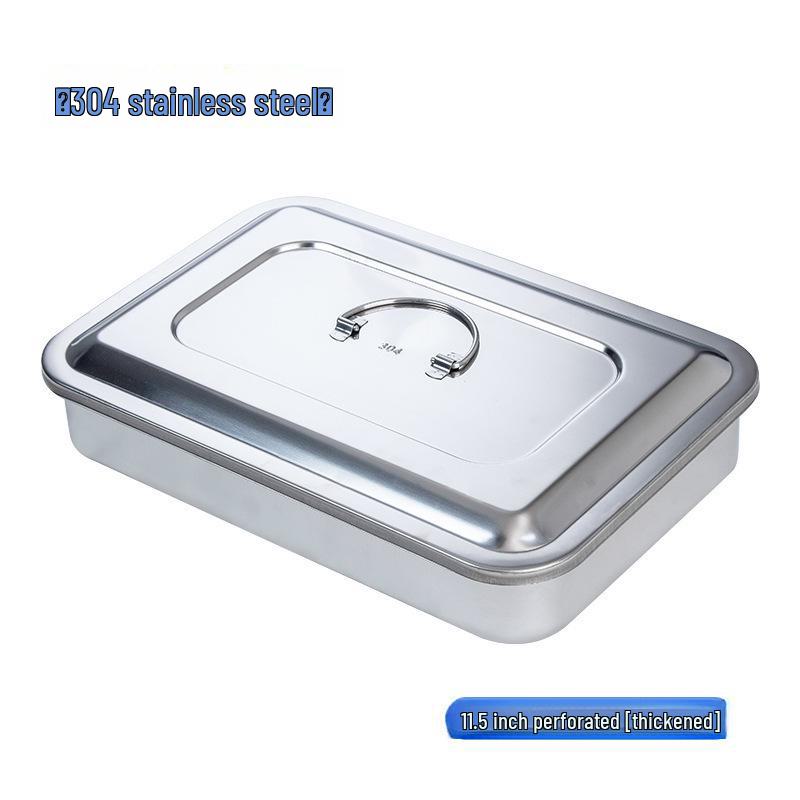Stainless Steel Disinfection Tray with Holes and Cover, High-Temperature Square Instrument Tray