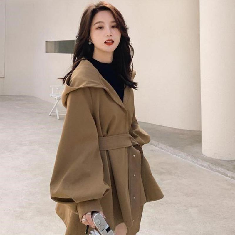 Autumn Korean Loose Trench Coat With Hooded Belt Black Woman Jackets Overcoat