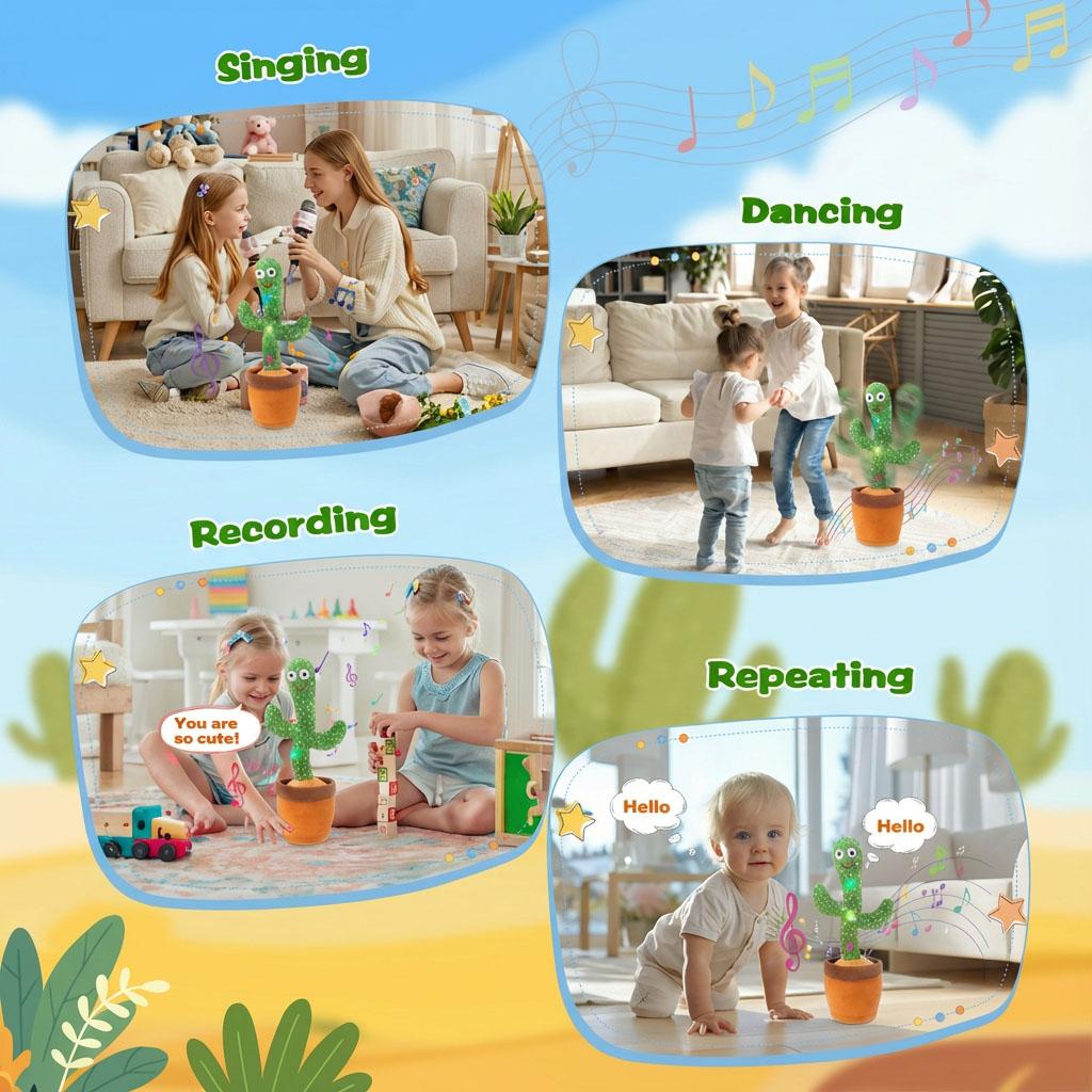 Funny Dancing Cactus Plush Toy Repeats What You Say with LED Lights and Music Interactive Stuffed Toy for Baby Toddlers