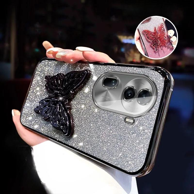 3D Butterfly Phone Holder Crystal Bracelet Glitter Plating Case for OPPO Reno 11 10 8 7 Pro 4G 5G Cover