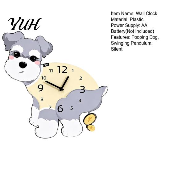 Quiet Wall Clock Pooping Dog Clock, Wooden with Swinging Pendulum, Silent Non Ticking Living Room for Home Office, Gift Lover Pet