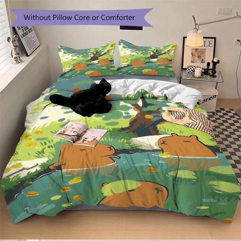 3PCs Capybara, Forest Design Cover Set, Breathable Fabric, Machine Washable (1 Duvet Cover + 2 Pillowcases) (Without Quilt) yy250911172