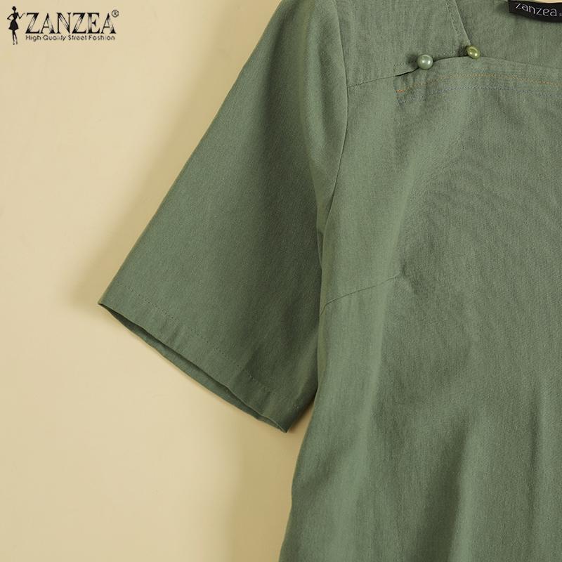 ZANZEA Женское повседневное хлопковое летнее платье с коротким рукавом и круглым вырезом