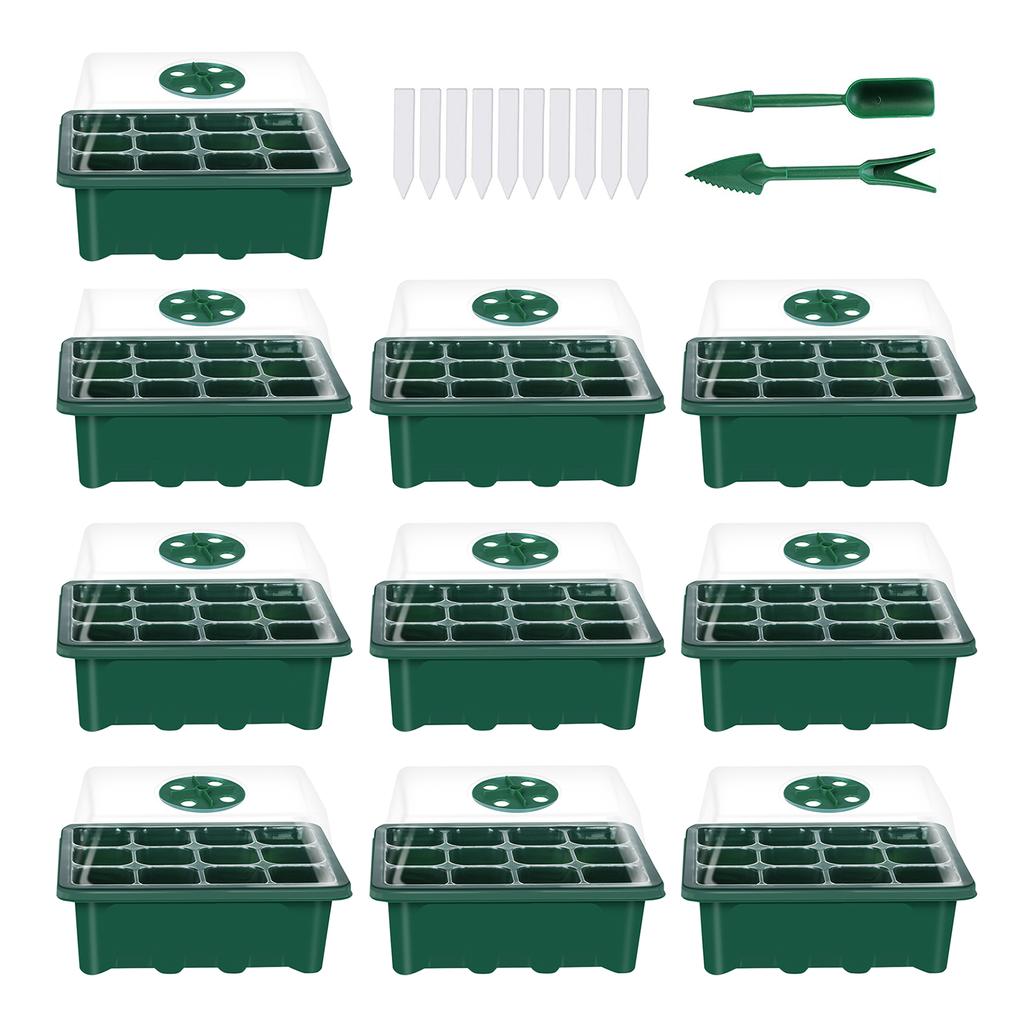 10 Set Seed Trays Seedling Starter Tray (12 Cells Per Tray)with Adjustable Dome Lids and Base Plus