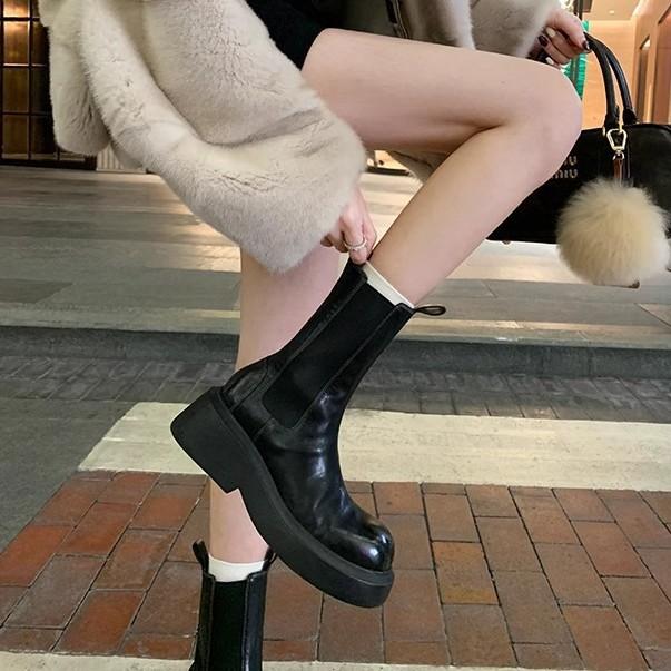 Виноградная Мама Западные Челси Сигаретные Ботинки Женские Ретро Потертые Средней Длины Эластичные Ботинки Маленькие Толстоподошвенные Ботинки на Высокой Платформе