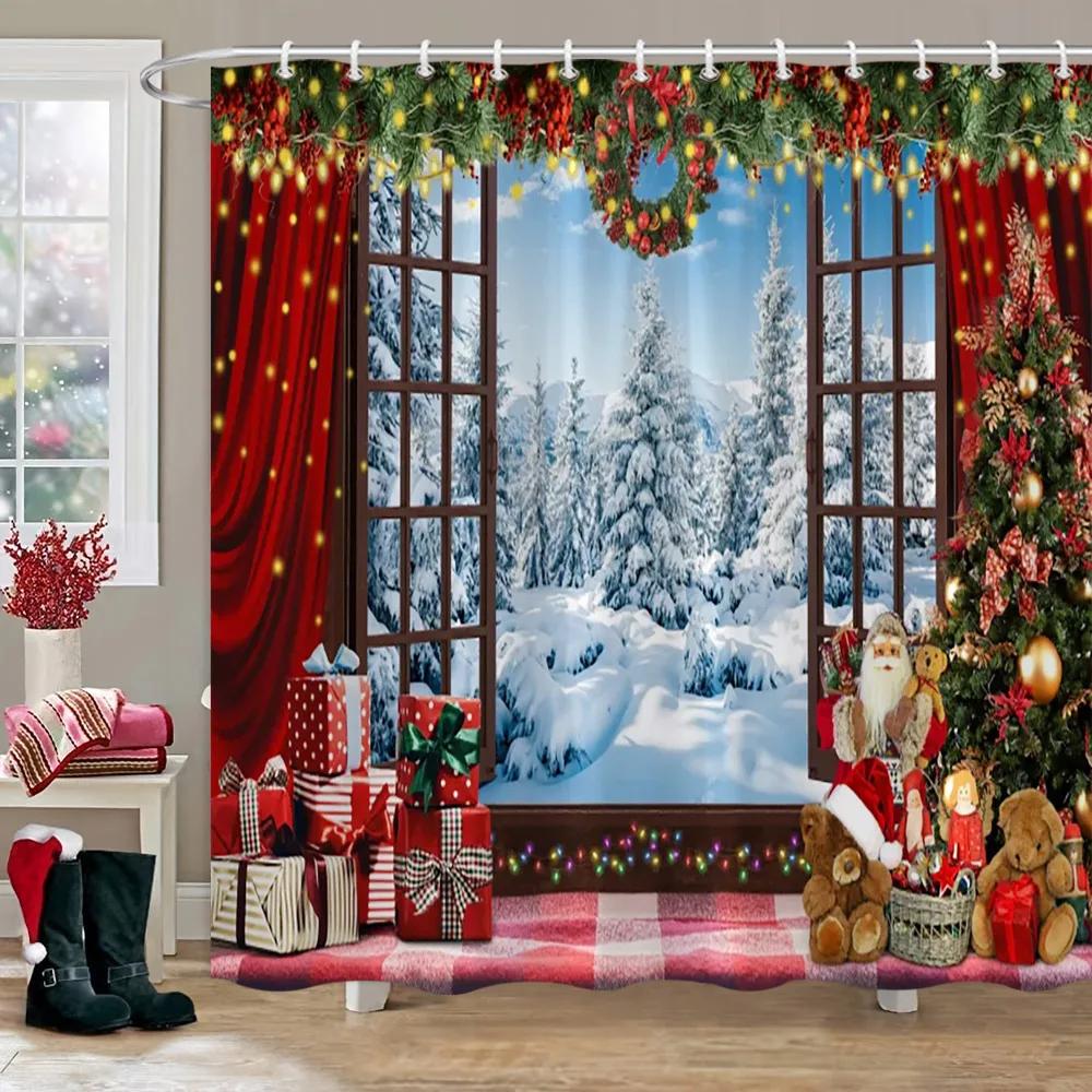 Рождественская вечеринка Занавески для душа Камин Рождественская елка и подарки Снеговик Снежная сцена Моющаяся занавеска для душа Арт Декор для ванной