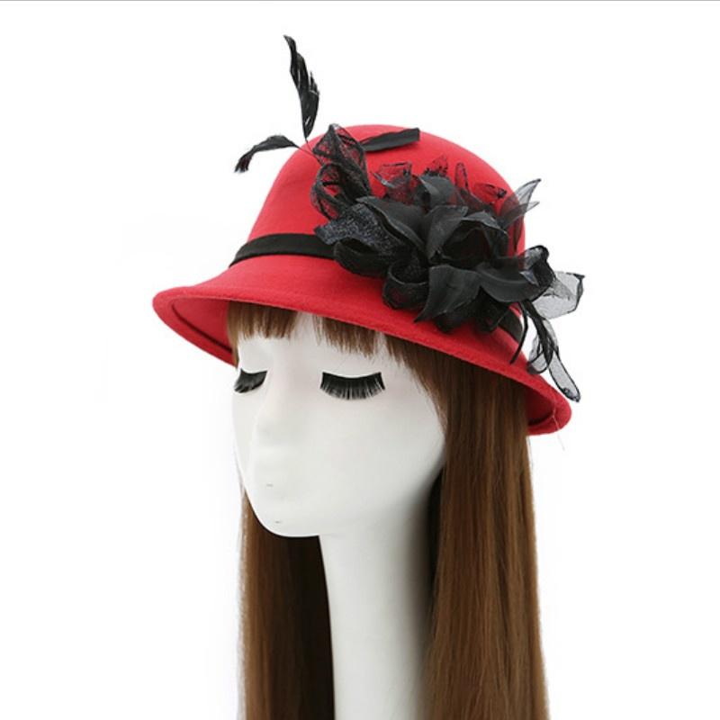 Autumn and Winter Aristocratic Gauze Feather Flower Hat Lady Mature Temperament Imitation Wool Dome