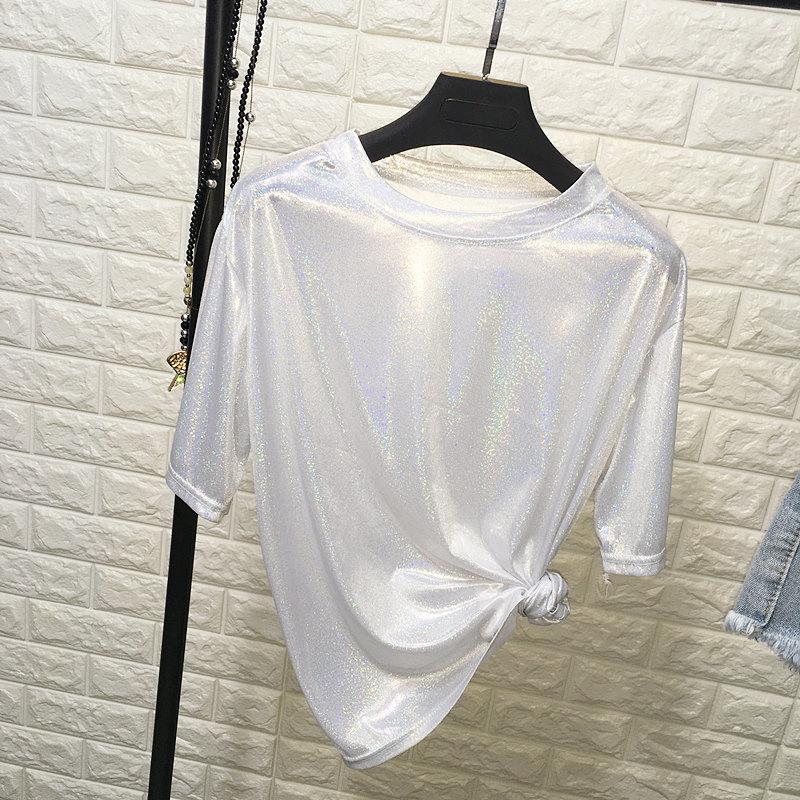 New Summer Retro Style Stylish Bright Silk Woman Tops Shiny Loose Short Sleeve T-shirt Sexy Club Aesthetic Harajuku Women Tshirt