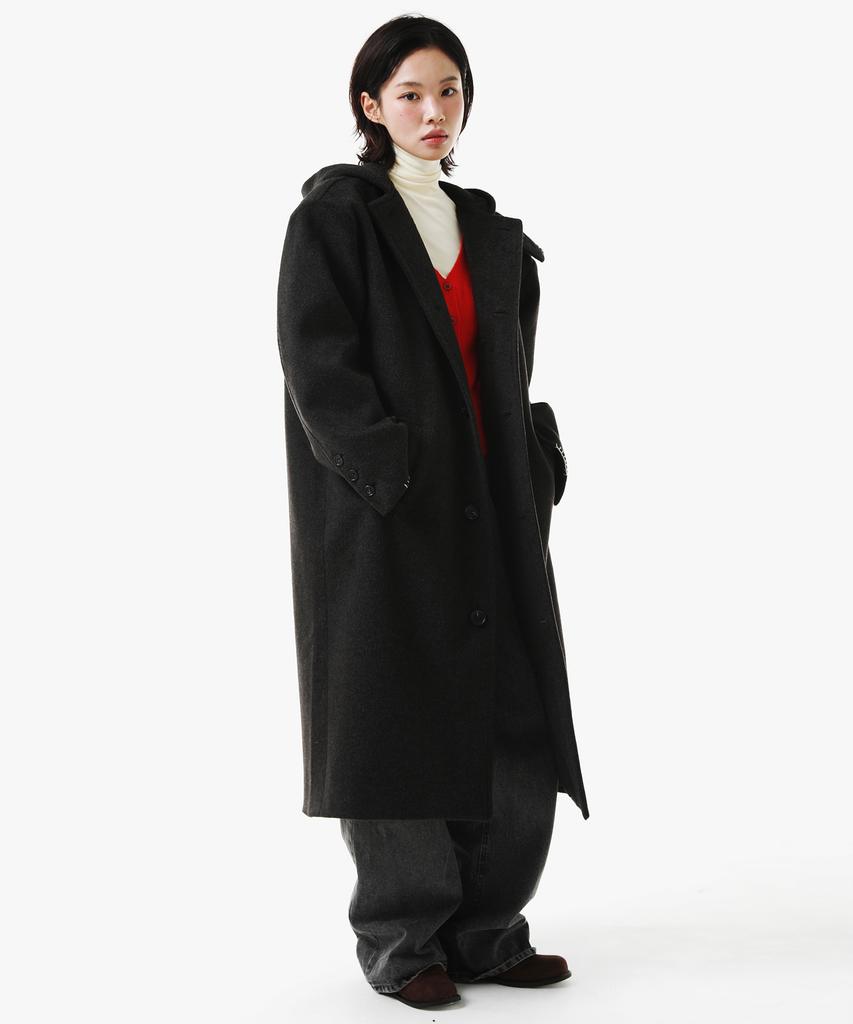 Peace Maker Hand Stitch Hoodie Maxi Wool Coat (Charcoal)
