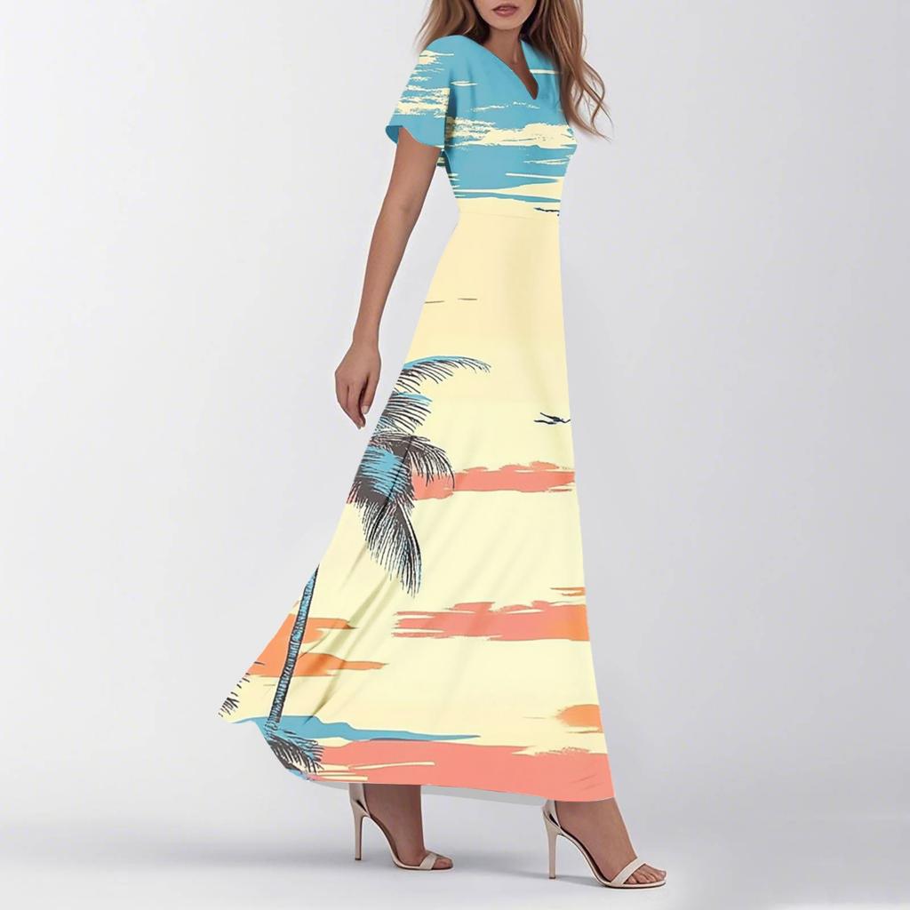 Women's Summer Casual Fashion Retro Floral Dress V Neck Short Sleeve Dress