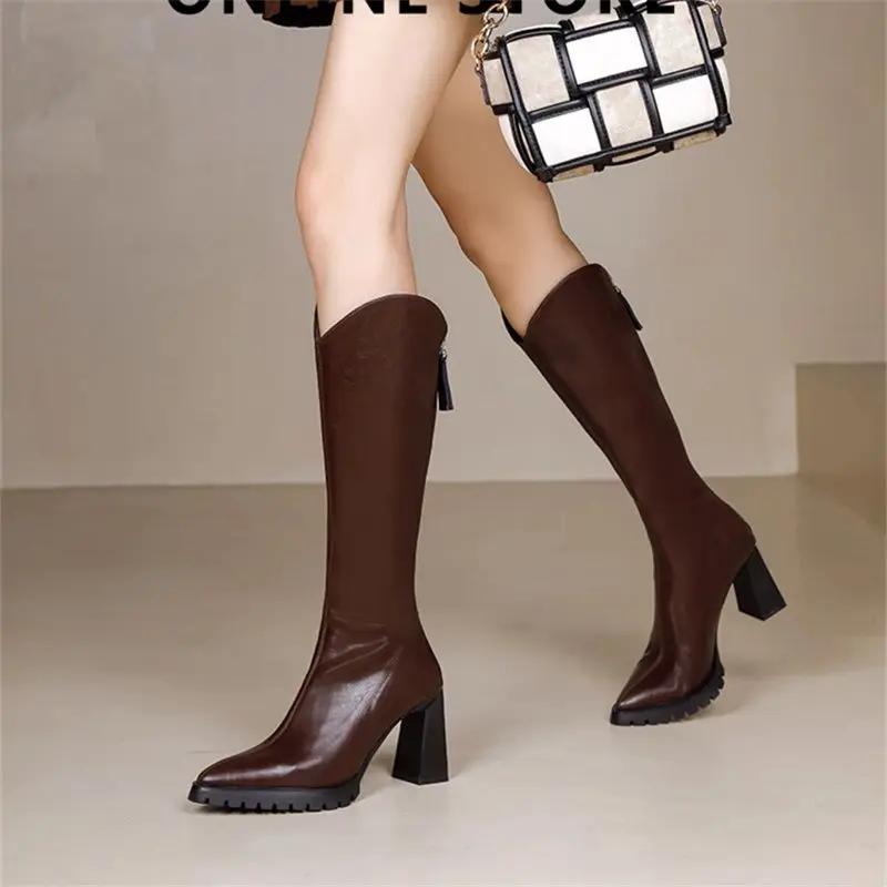 Fashion Elegant Heeled Women's Long Boots High Heels Leather Brown Ladies Knee Shaft Shoes Pointed Toe Waterproof Y2k Chic New Rock Work