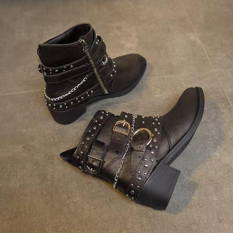 Независимая станция Европейские и американские Внешняя торговля Женские кожаные сапоги Осень и зима Грубый каблук Большой размер ремень Короткие одинарные сапоги женские