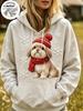 Fleece Lined Women Holiday Hoodie 3D Imitation Plush Shih Tzu Pomeranian Puppy Snowflake Graphic Long Sleeve Pullover Sweatshirt