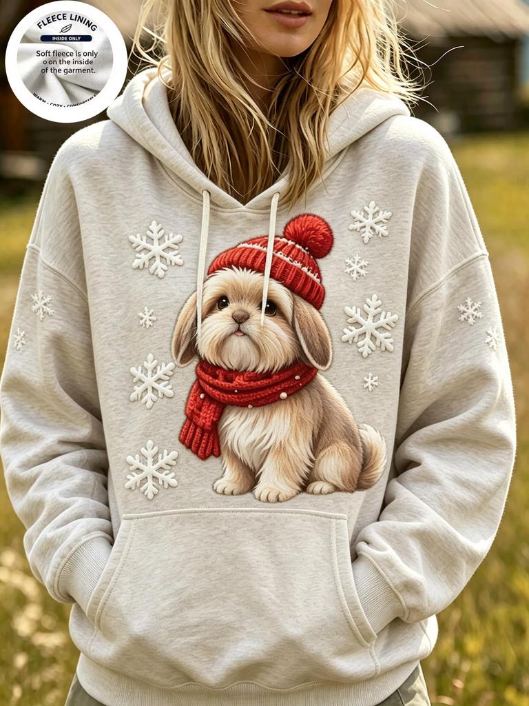 Fleece Lined Women Holiday Hoodie 3D Imitation Plush Shih Tzu Pomeranian Puppy Snowflake Graphic Long Sleeve Pullover Sweatshirt