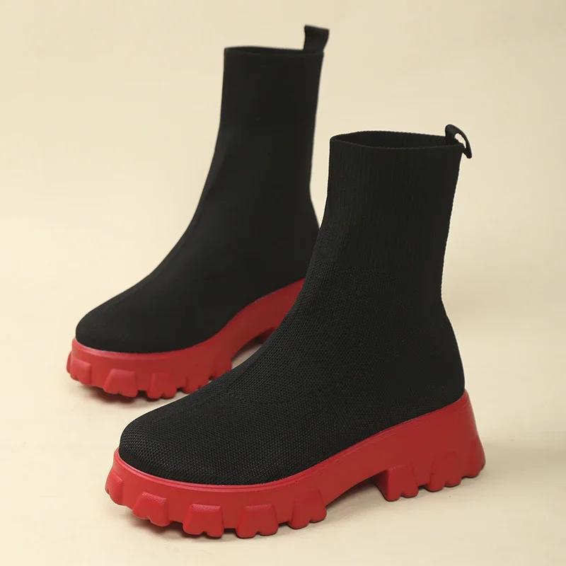 Spring Autumn New Women's Mid Calf Hoof Heels Sock Boots Slip On Round Toe Shoes for Women Ladies Breathable Platform Boots