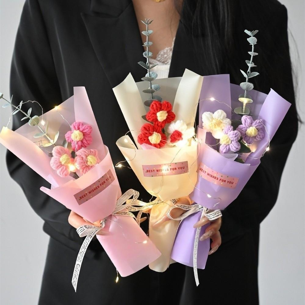 LED Lights Crochet Flowers Bouquet Knitted Artificial Daisy Bouquet Valentine'S Day