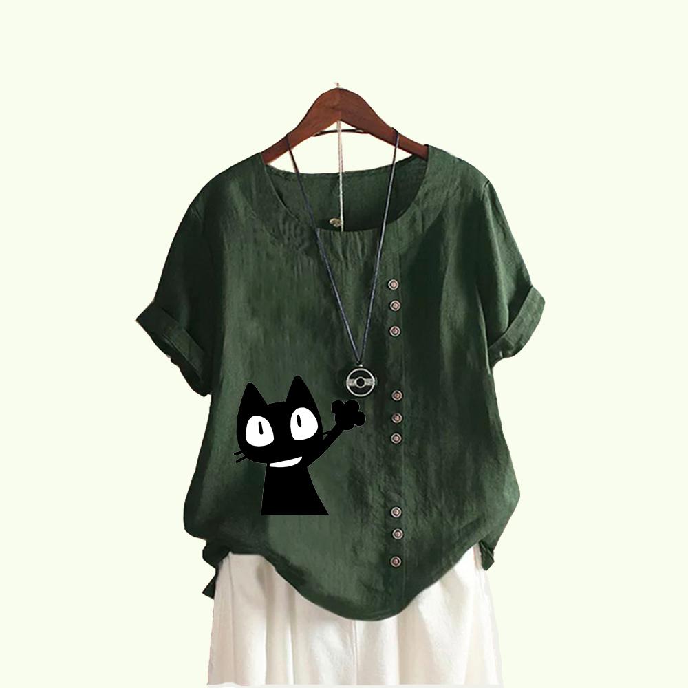 Женская мода блузка с коротким рукавом с принтом кошки, летняя повседневная пуловер с круглым воротником, свободная хлопковая льняная футболка