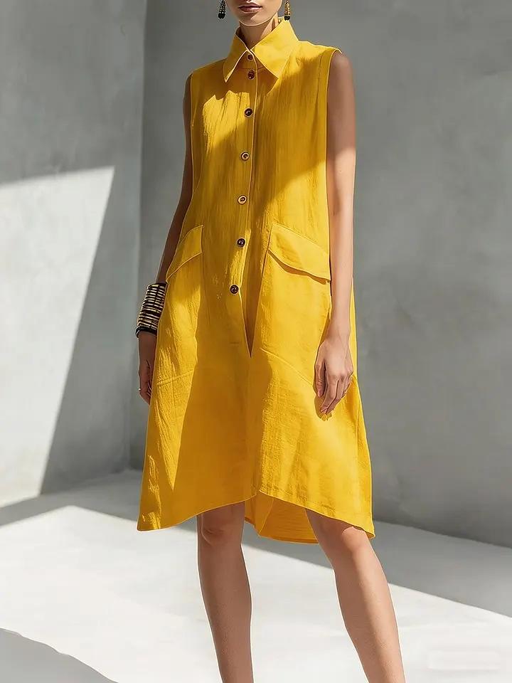 New 2026 European Summer Solid Color Sleeveless Cotton Linen Lapel Dress