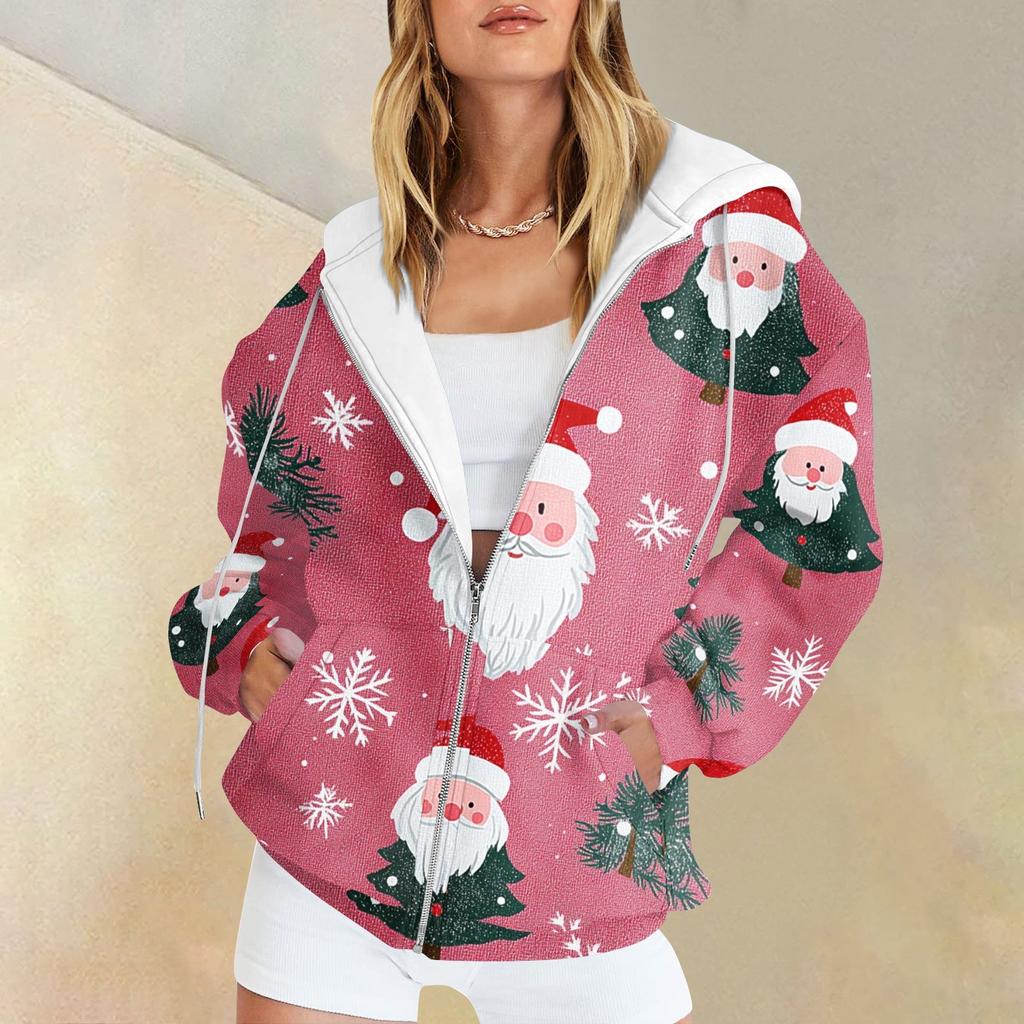 Ladies Fashion Casual Christmas Print Sweatshirt Autumn Winter Long Sleeve Cardigan Jacket With Pocket Zipper Hoodie Jacket