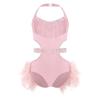 Girls Performance Leotard Halter Sleeveless Cutout Back with Feather Skirt Latin Dancewear