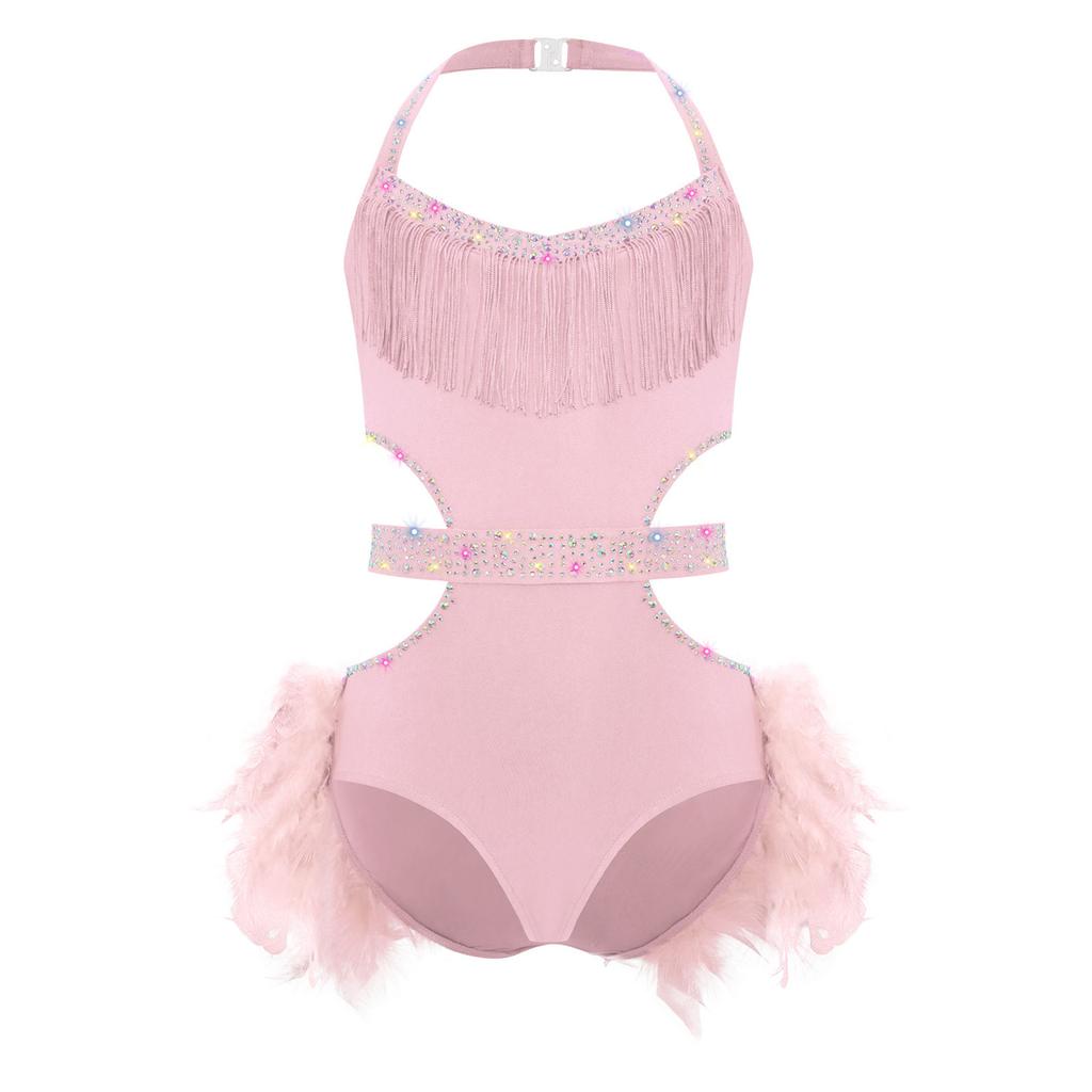 Girls Performance Leotard Halter Sleeveless Cutout Back with Feather Skirt Latin Dancewear