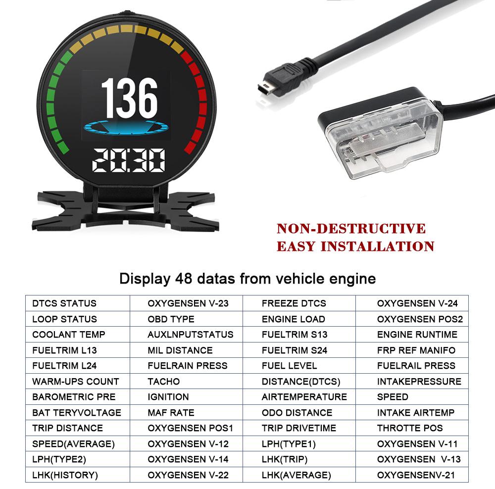 P15 OBD HUD Автомобильный проекционный дисплей Цифровой измеритель Автомобильные аксессуары Напряжение Температура масла Скорость Об/мин Температура воды Расход топлива
