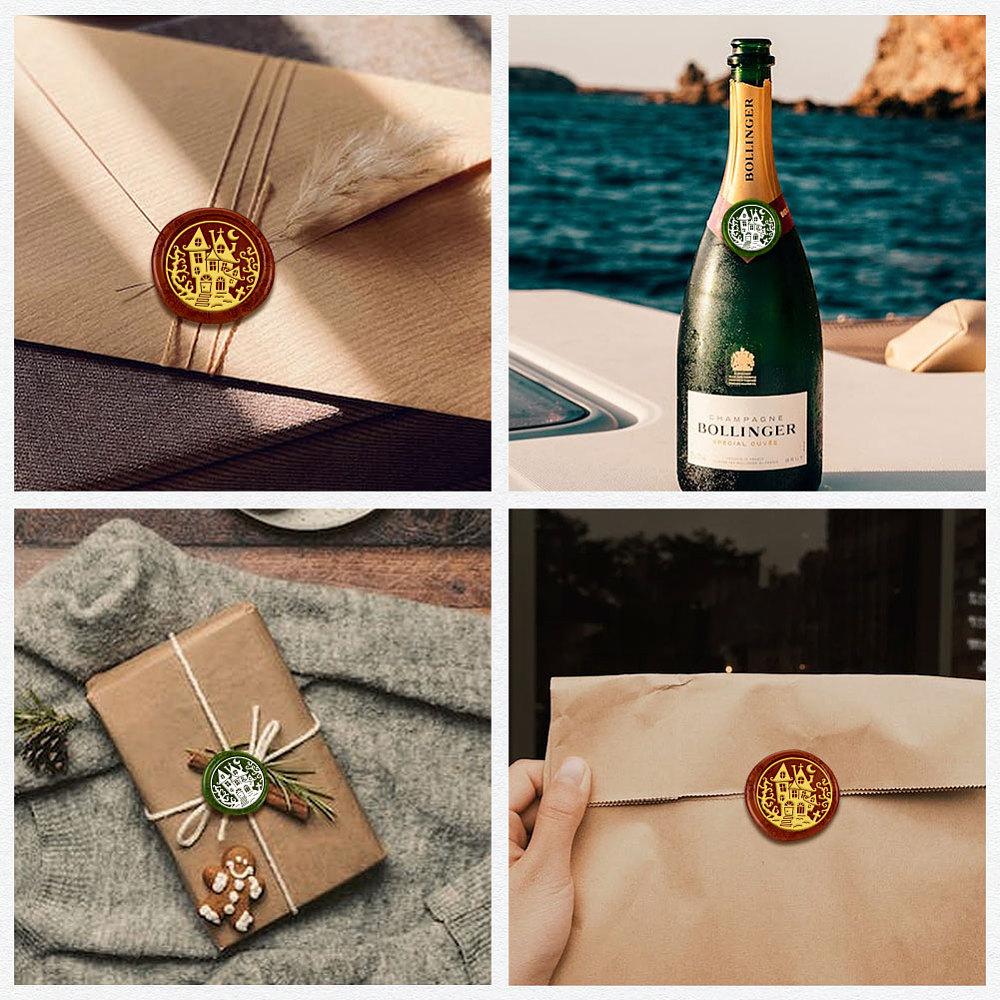 1pc Wax Seal Stamp Set Sealing Wax Stamp Solid Brass Heads with Wood Handles for Envelopes Invitations Gift Card Castle 83x22mm Stamps: 25x14.5mm